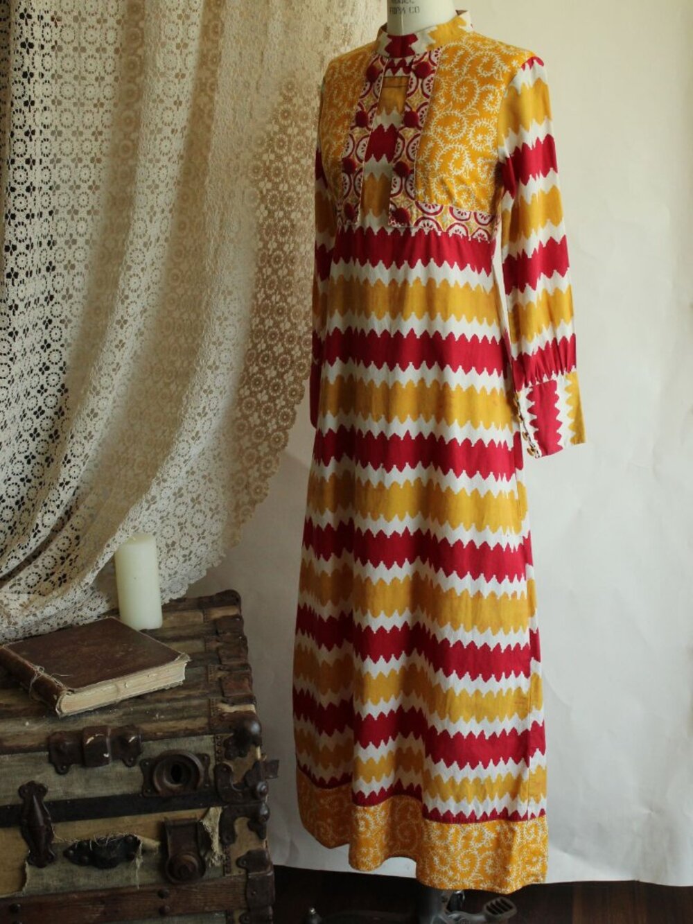 Vintage 1990s Y2K Maxi Dress, Red and Yellow Cotton 1960s Inspired Boho Full Len - Picture 9 of 14